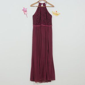 Davids Bridal Wine Lace Sleeveless Slit Skirt Gown